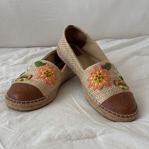 Tory Burch Tan and Brown Floral Espadrilles